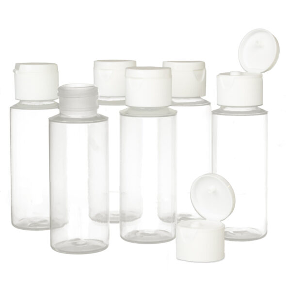 2oz plastic bottles with white flip-top caps