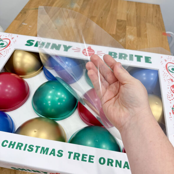 diy giant shiny brite ornament box - cover front with acetate