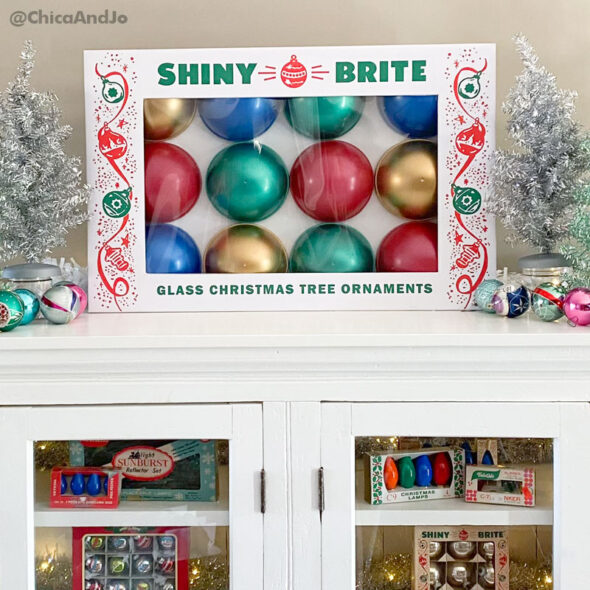 diy giant shiny brite ornament box - featured in vintage ornament display