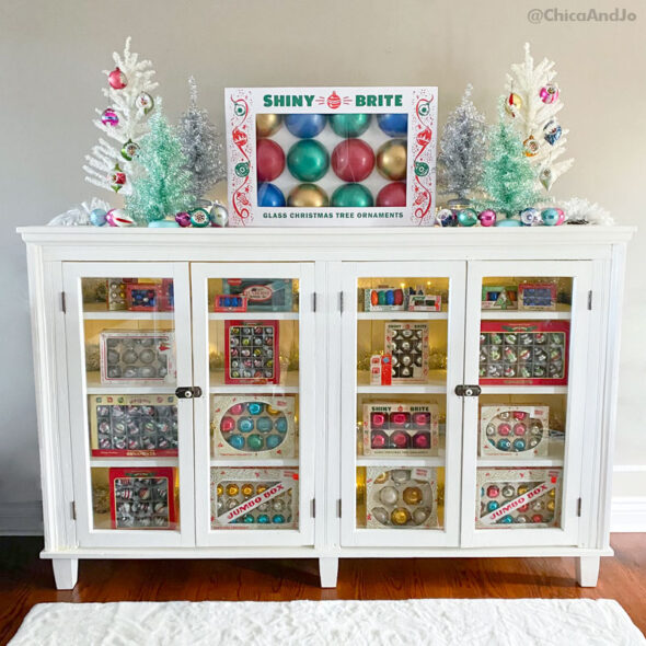 diy giant shiny brite ornament box - focal point in christmas decor