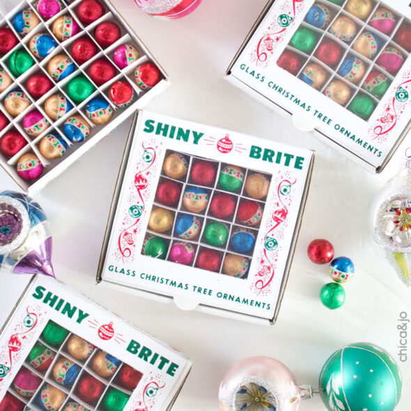 diy mini shiny brite favor boxes with chocolate ornaments